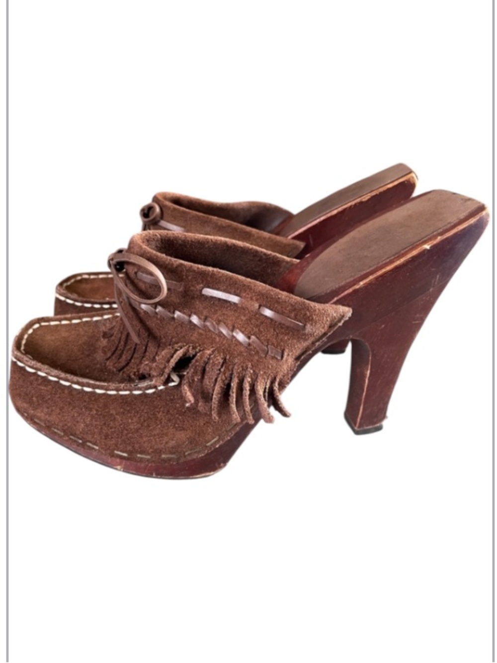 Frye Heeled Brown Suede Mules Sz 8.5 Western Festival Fringe